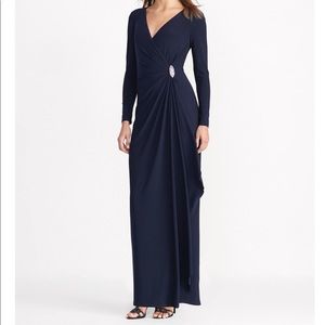 Lauren Ralph Lauren Navy Blue V-neck Jersey Gown